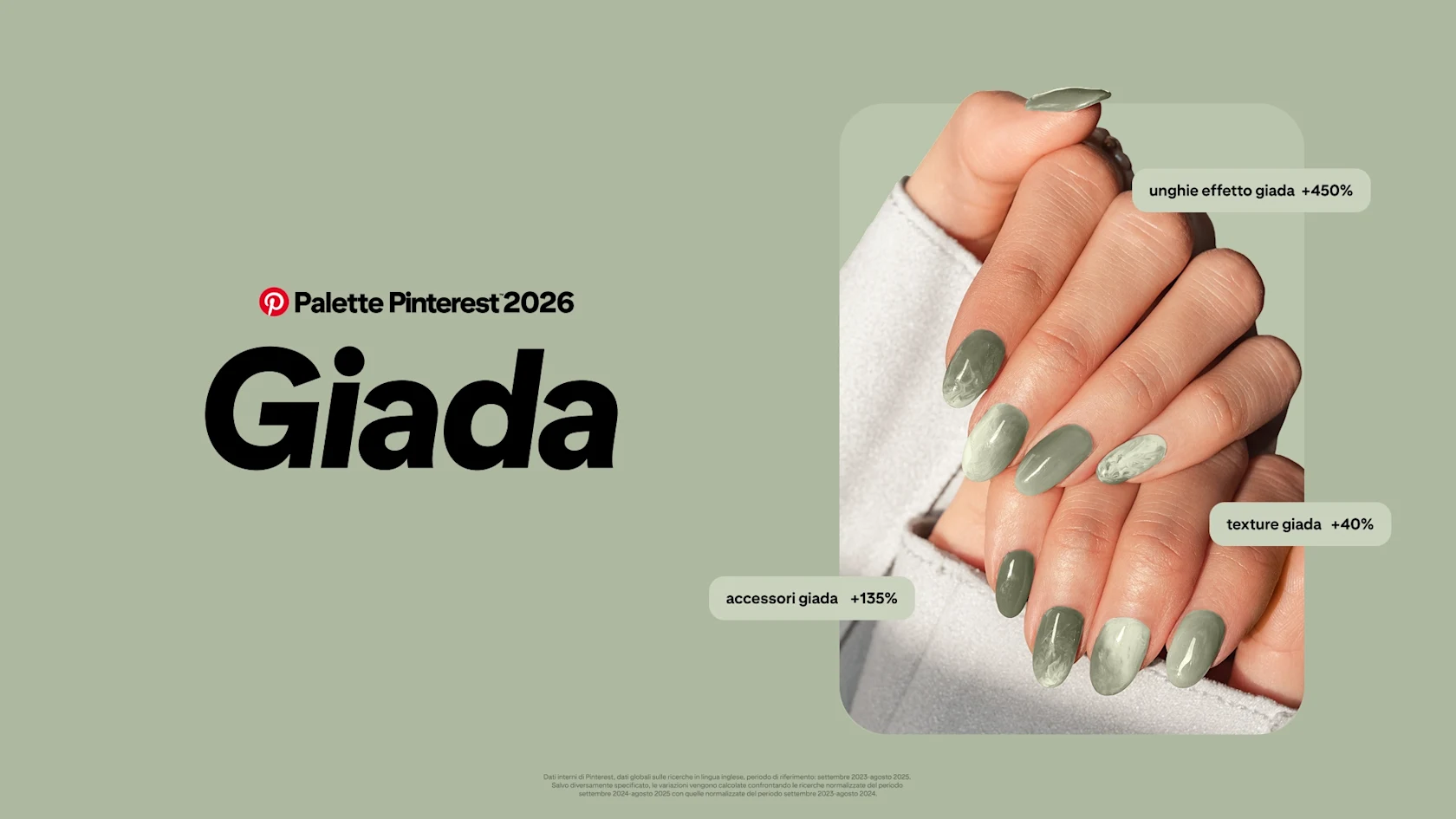 Uno sfondo verde salvia tenue con un grande testo nero che recita 'Pinterest Palette 2026 Giada.'