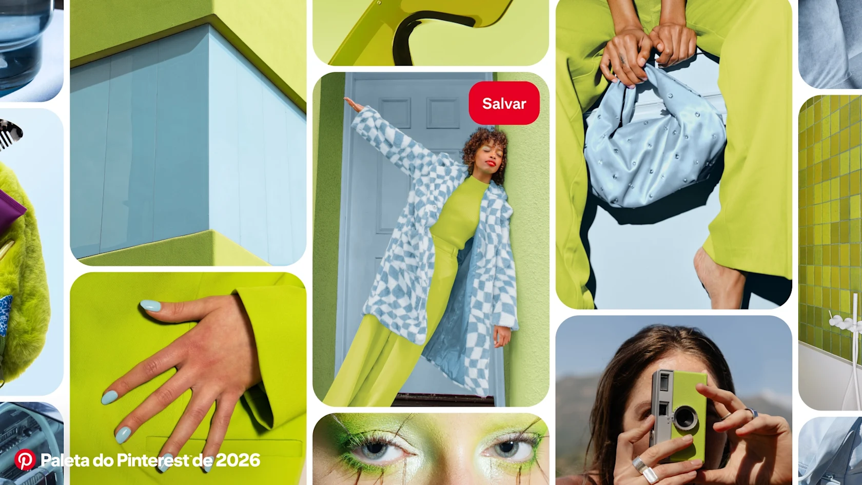 Uma colagem apresentando uma mulher em um conjunto verde-limão e casaco azul e branco, cercada por closes de moda, objetos e arquitetura em tons de verde-limão e azul glacial combinando. “Pinterest Palette 2026” aparece no canto inferior esquerdo.