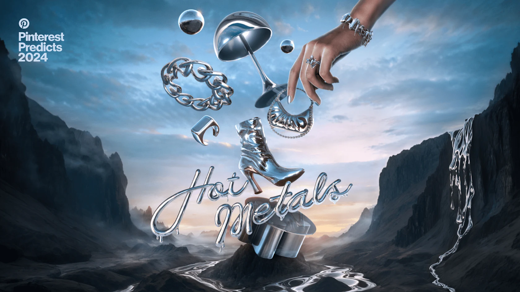 a liquid metal waterfall and river are the backdrop to metal items like a boot, rings, bracelets, purse, spheres, table and desk lamp