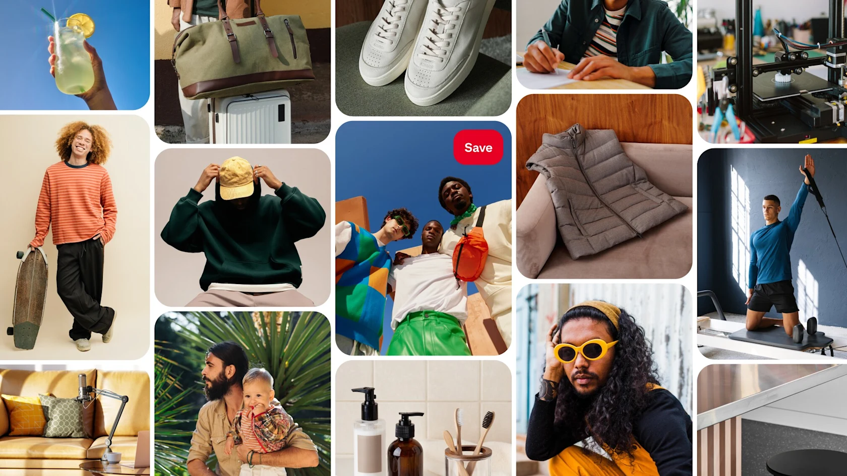 A grid of images representing what’s trending with men on Pinterest, including white sneakers, a butter yellow baseball cap and workout equipment.