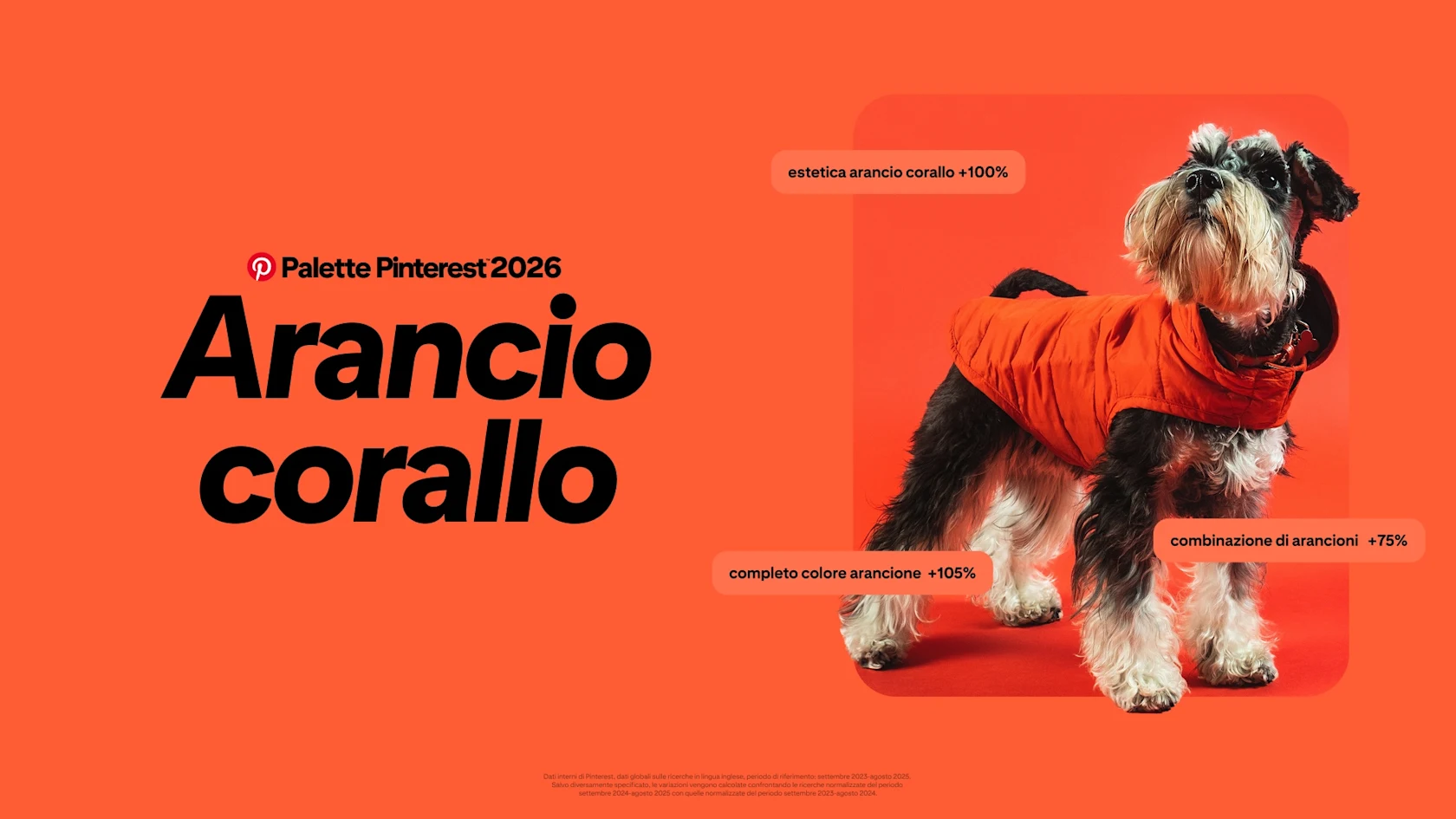 Uno sfondo arancione vivido con un grande testo nero che recita 'Pinterest Palette 2026 Arancio Corallo.'