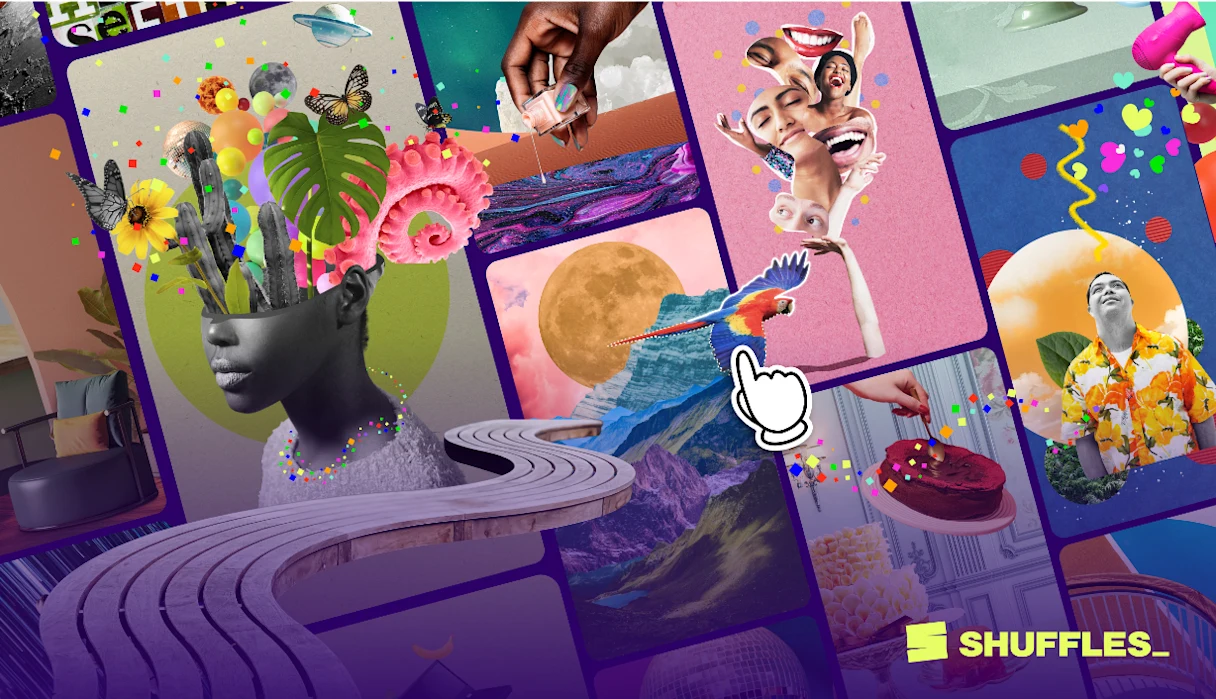 Cursor de computador sobre uma colagem com imagens coloridas