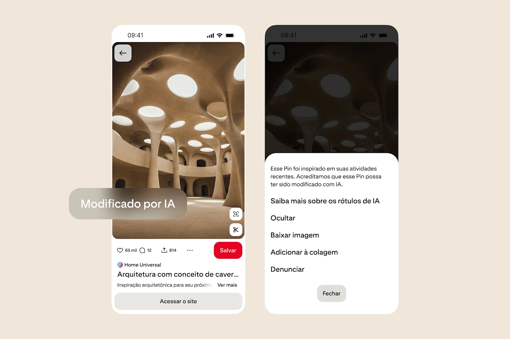 Uma imagem conceitual de arquitetura de caverna mostra o rótulo de IA e as opções para saber mais sobre rótulos de IA, ocultar, baixar a imagem ou adicioná-la a uma colagem.