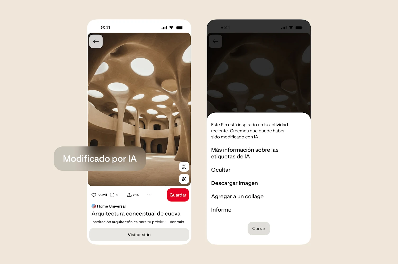 Una imagen conceptual de la arquitectura de una cueva muestra la etiqueta de IA y las opciones para obtener más información sobre las etiquetas de IA, ocultar, descargar la imagen o agregarla a un collage.