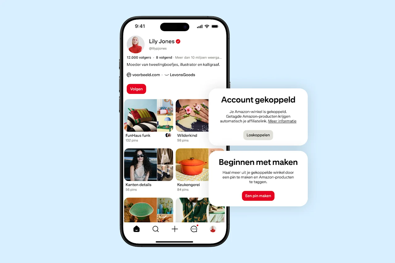 Voorbeeld van een Pinterest-profiel met een Amazon-winkel die is gekoppeld aan een makersaccount, inclusief een bevestiging en een opdracht om een pin te maken.