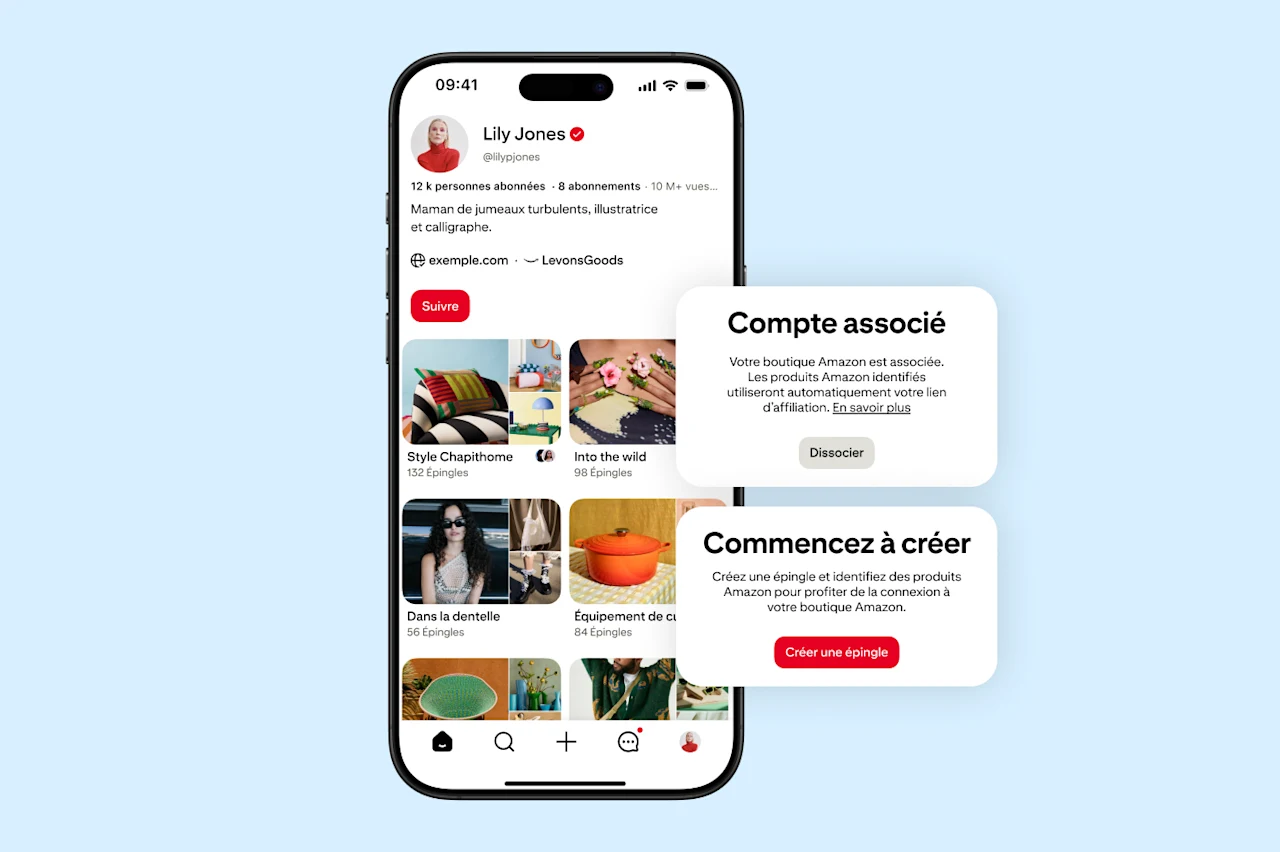 Maquette de profil Pinterest montrant une boutique Amazon associée à un compte de créateur, avec un message de confirmation et une invitation à créer une épingle.