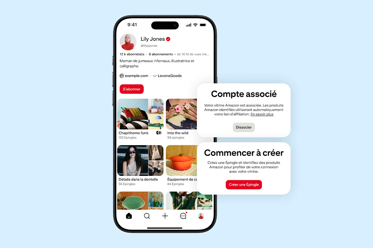Profil Pinterest fictif montrant une vitrine Amazon associée à un compte de créateur, avec une invite de confirmation et une autre proposant de créer une Épingle.