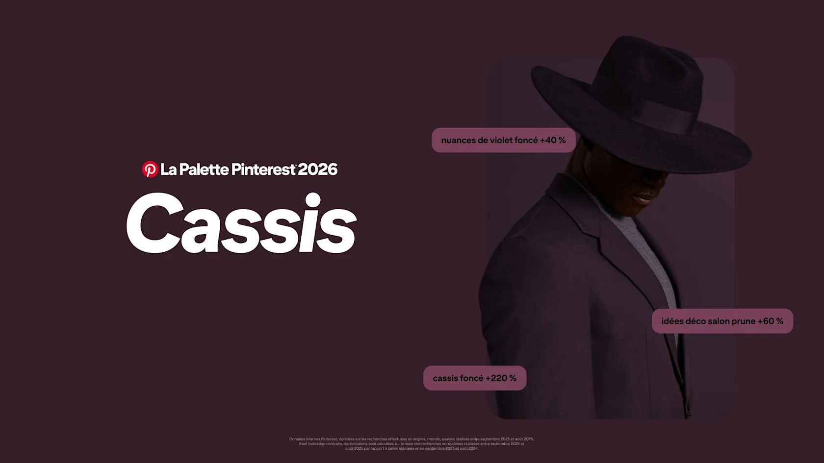 Un fond couleur cassis profond avec un grand texte blanc indiquant « La Palette Pinterest 2026 Cassis ». À droite, une personne portant un costume cassis foncé et un chapeau à larges bords regarde vers le bas, partiellement dans l’ombre.