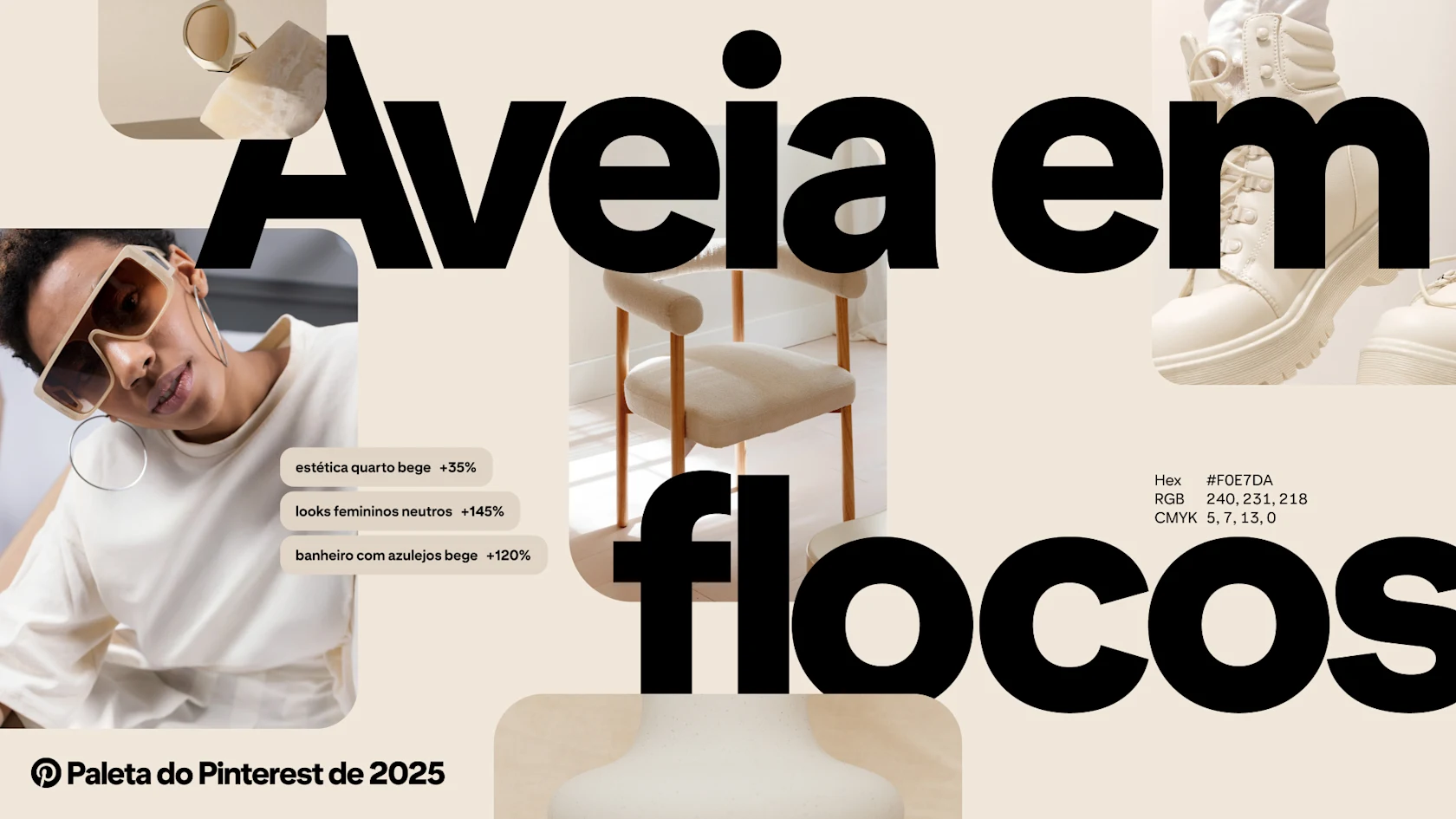 As palavras "aveia em flocos" sobre um conjunto de imagens e pesquisas do Pinterest em bege