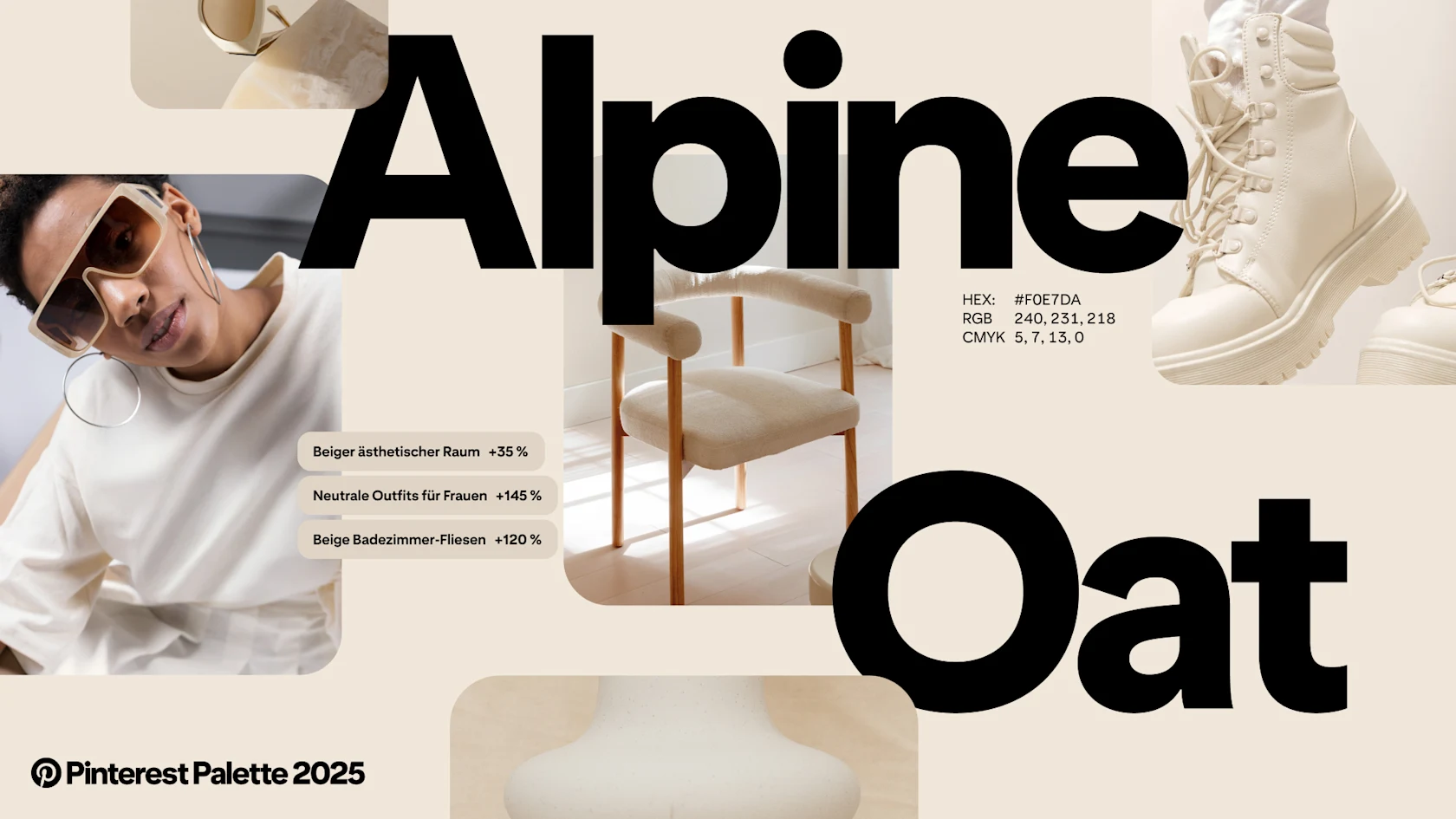 Die Wörter „Alpine Oat“ über beigen Bildern und Pinterest-Suchanfragen