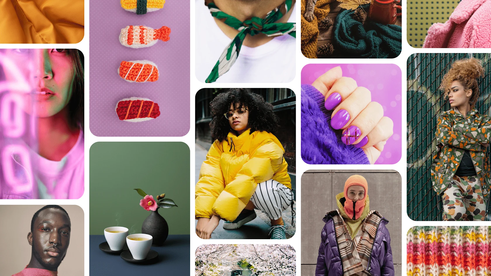 A grid of Pinterest pins depict colorful nails, Japanese food, and fall fashion