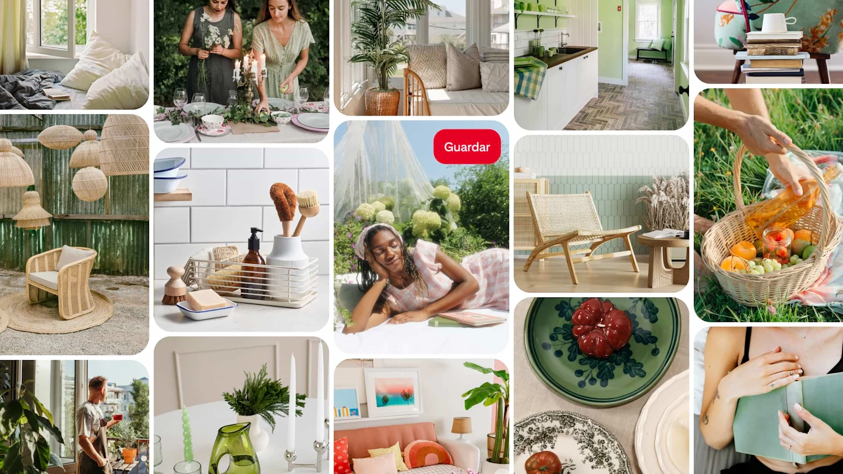 Tendencias de primavera: sillas de mimbre, salas acogedoras, cocina con toques verdes, lámparas tejidas, básicos sostenibles, ratán, plantas, fruta fresca, rincones de lectura, platos botánicos, floreros tierra y autocuidado.