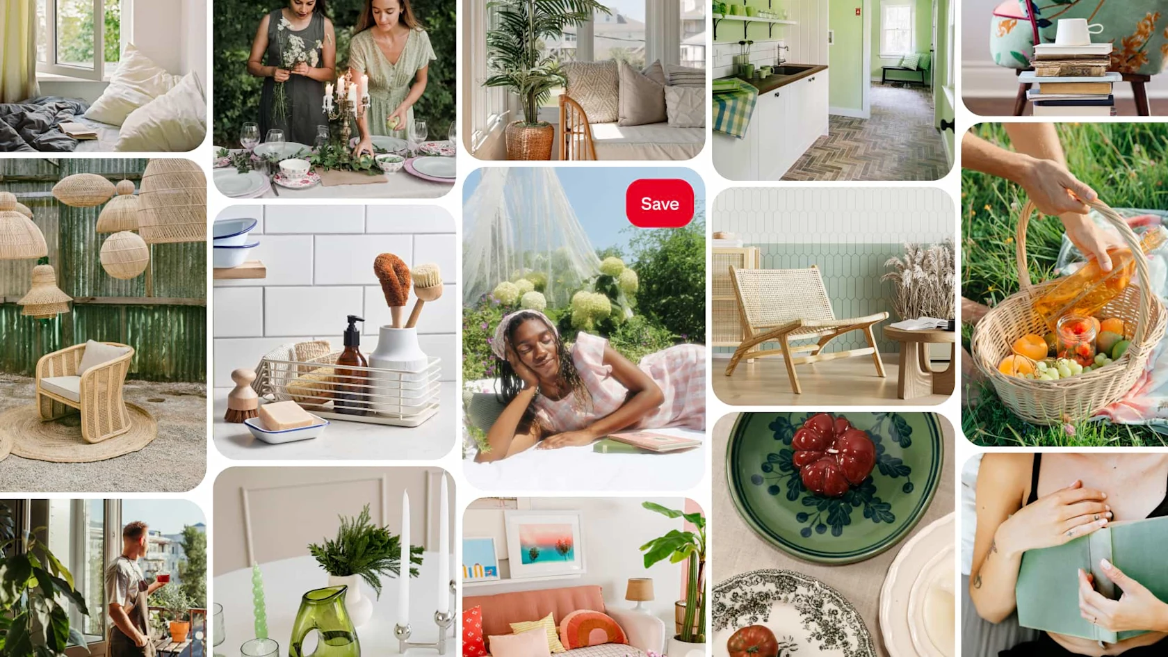 Spring home trends grid: wicker chairs, cosy rooms, green kitchen accents, woven pendant lights, sustainable kitchen essentials, rattan decor, indoor plants, fresh fruit, reading nooks, botanical plates, earthy vases, self-care.