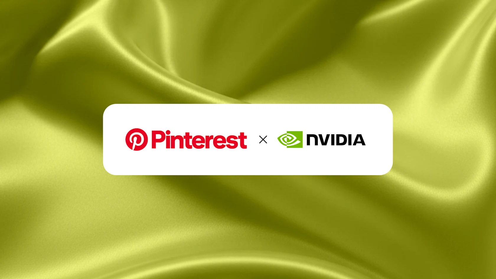 A white rectangular banner showing the red Pinterest logo and the green NVIDIA logo separated by a multiplication sign, centered on a draped, wavy olive green silk fabric background.