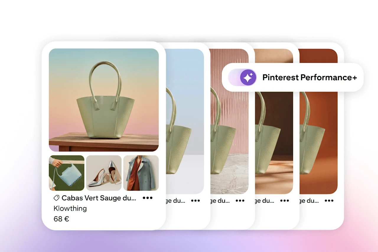 Illustration de Pinterest Performance+ creative présentant plusieurs variantes de publicités pour le même cabas, chaque visuel ayant des arrière-plans et mises en scène différents pour optimiser la sélection créative.