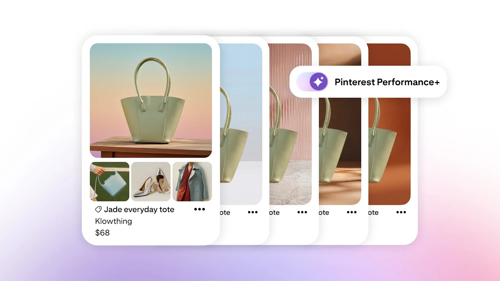 Illustration of Pinterest Performance+ creative showing multiple ad variations for the same tote bag, each with different backgrounds and styling to optimize creative selection.