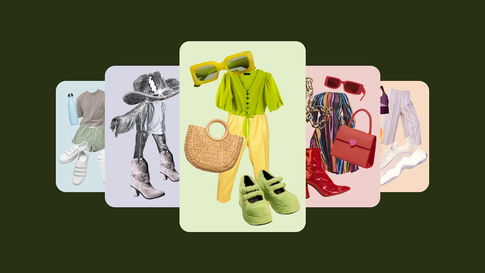 A collection of collages arranged by color, including green, red and silver.