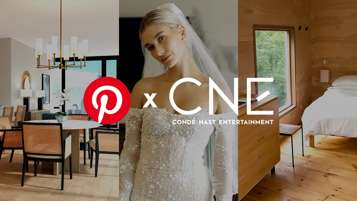 Logos Pinterest et Condé Nast superposés sur des images de célébrités et de maisons de luxe