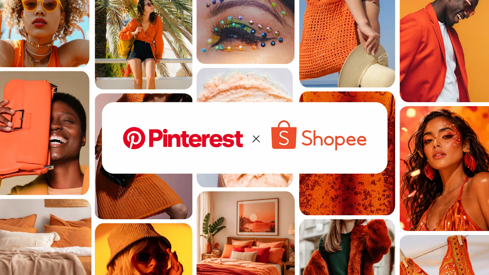 Colagem em tons de laranja com imagens de moda, beleza e decoração, incluindo pessoas com looks vibrantes, produtos e ambientes. No centro, os logotipos do Pinterest e da Shopee aparecem lado a lado.