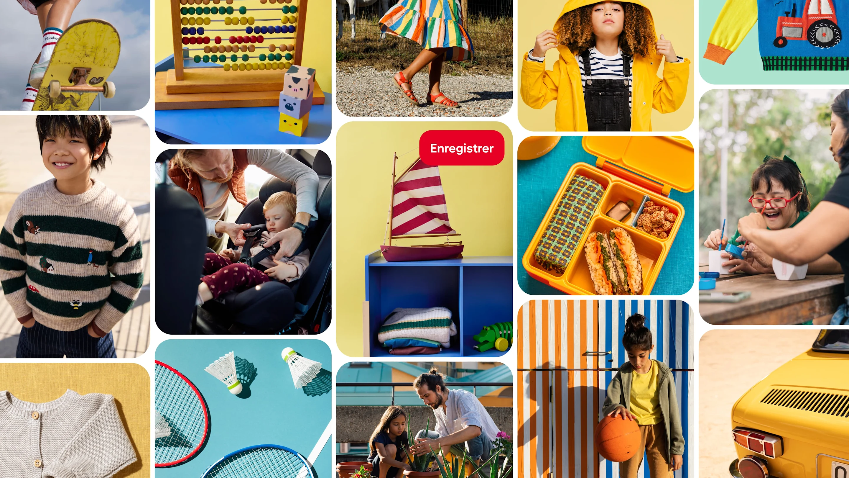 Grille d’objets et de moments en famille : skateboard, boulier, jupe, enfant en imper, pulls et cardigan, boîte à lunch, voilier, scène de siège auto, enfant en train de bricoler, scène dans un jardin, ballon de basket, raquettes de badminton et voiture