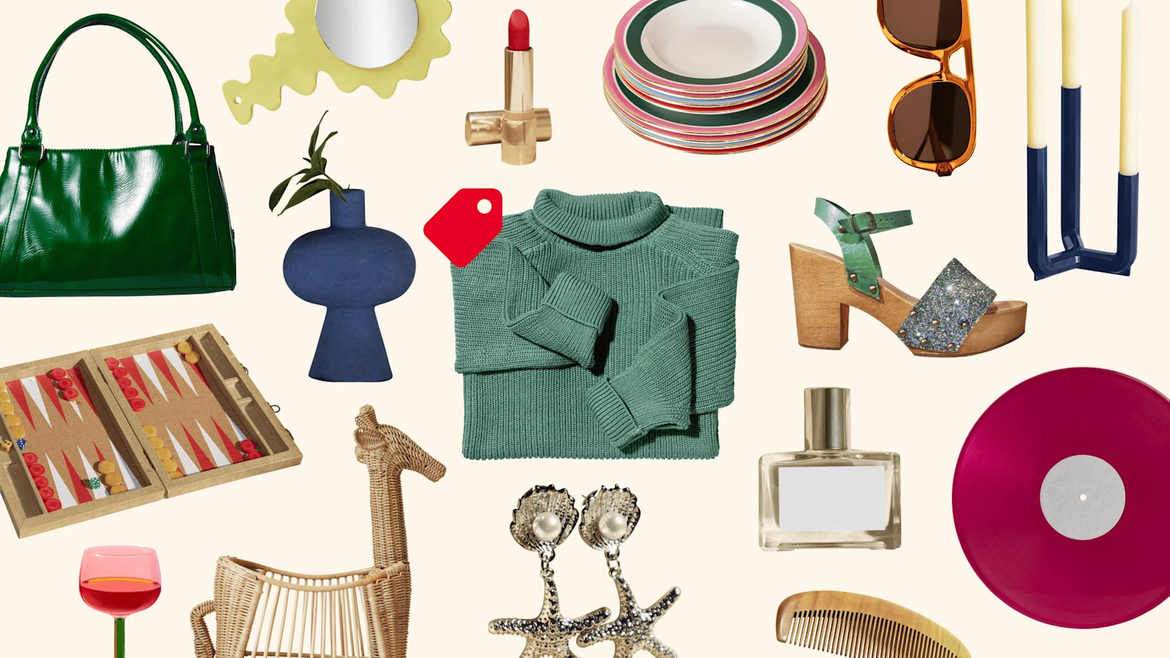 A collage of Pinterest-recommended holiday gifts, including a sweater, sunglasses, lipstick, a record, and a stack of dishware.