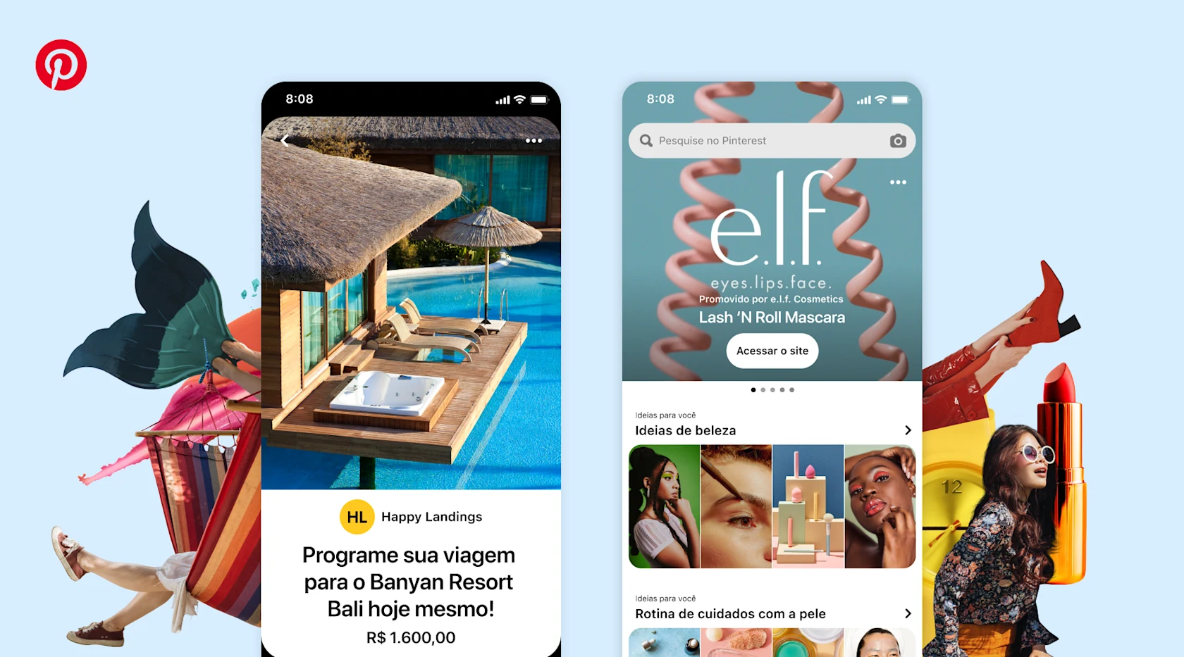 Capturas de tela dos recursos Premiere Spotlight e Catálogo de Viagens do Pinterest sobre um fundo azul