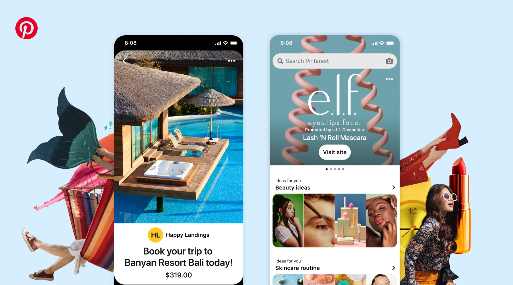  Screenshots of Pinterest's Premiere Spotlight and Travel Catalog features over a blue background