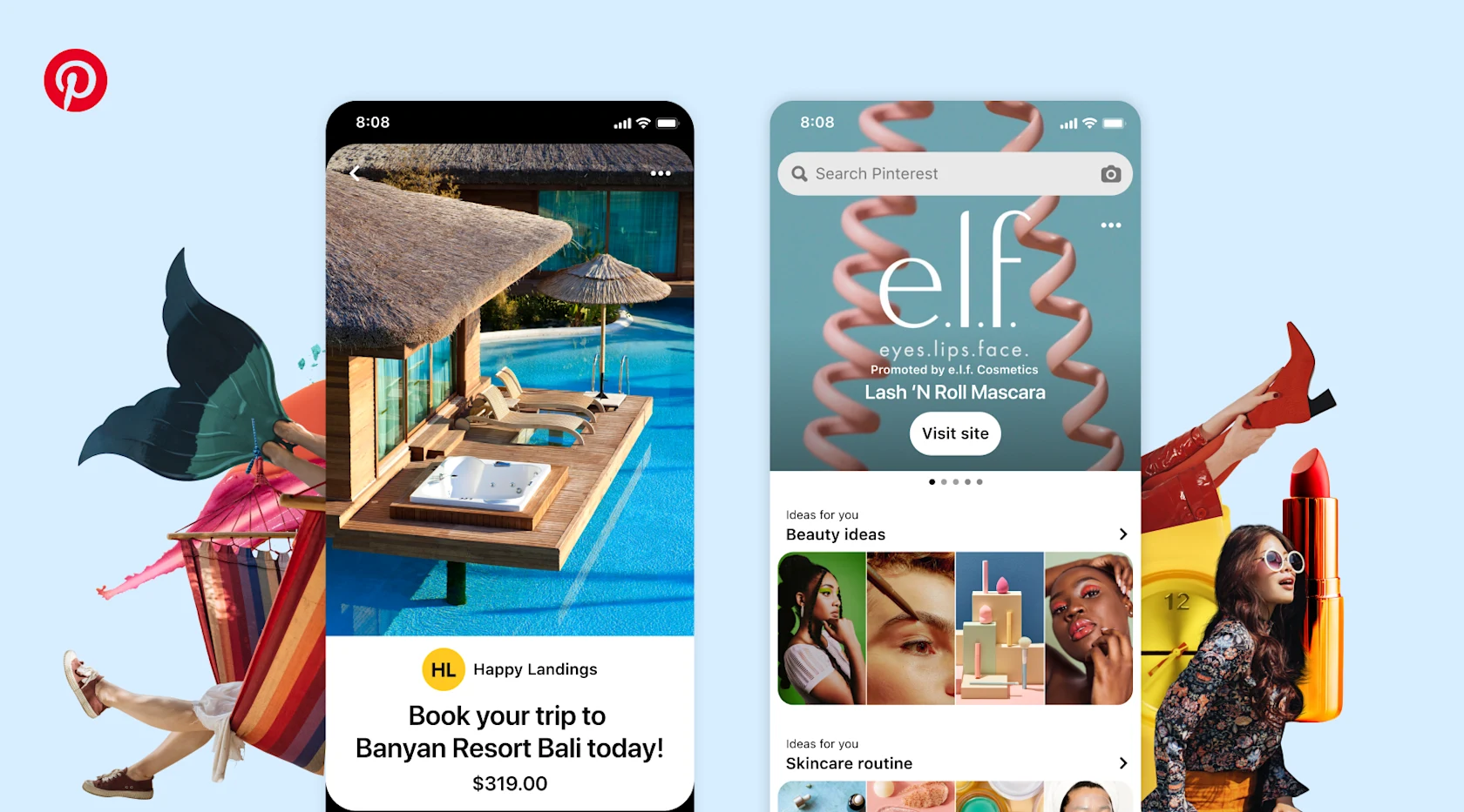 Screenshots of Pinterest's Premiere Spotlight and Travel Catalog features over a blue background