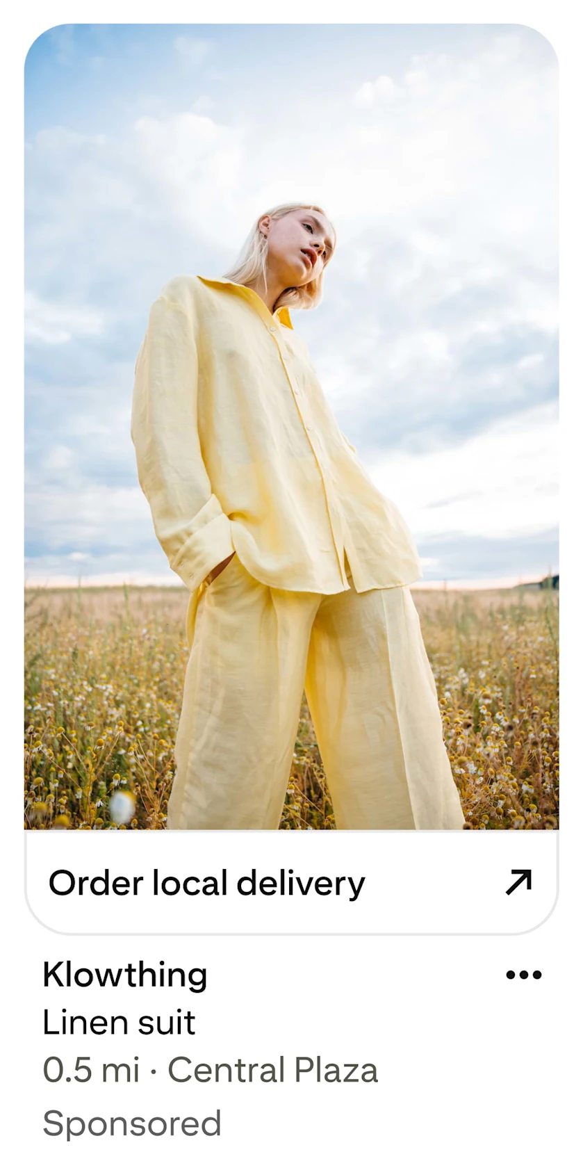 Static image showing an on-app local inventory ad. The ad Image features a person in a linen outfit, and an icon stating “order local delivery”