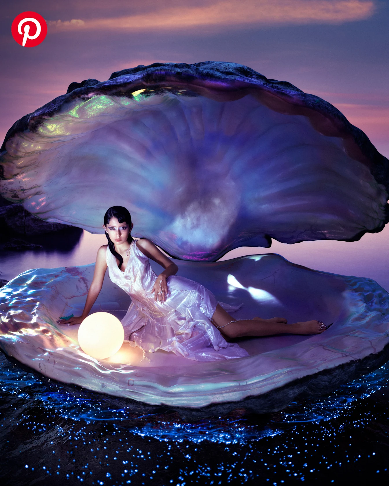 A woman in a wet-looking dress reclining inside a giant, pearlescent clam shell with a glowing pearl in it