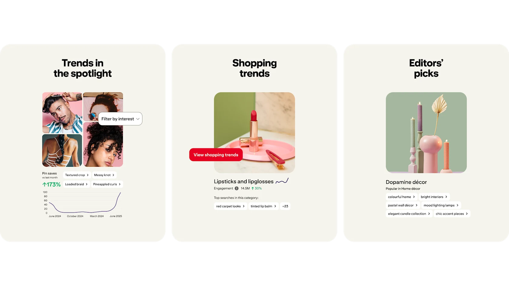 Three sections highlight how the Pinterest Trend Tool helps advertisers