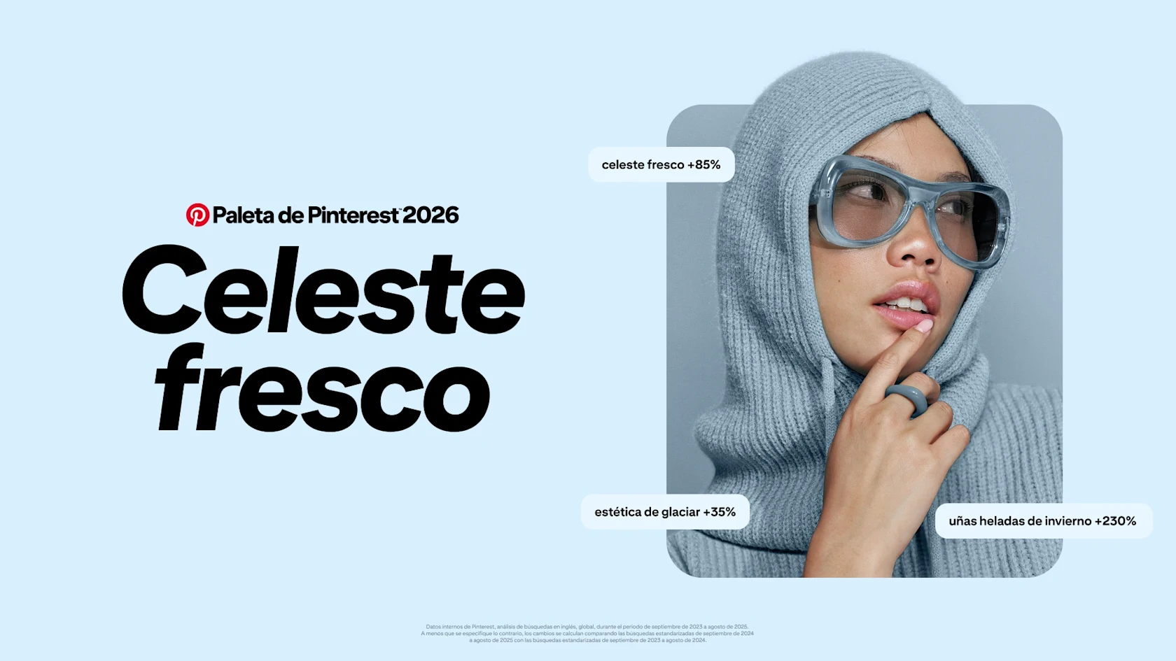 Un fondo azul pálido y helado con un gran texto negro que dice "Pinterest Palette 2026 Cool Blue".