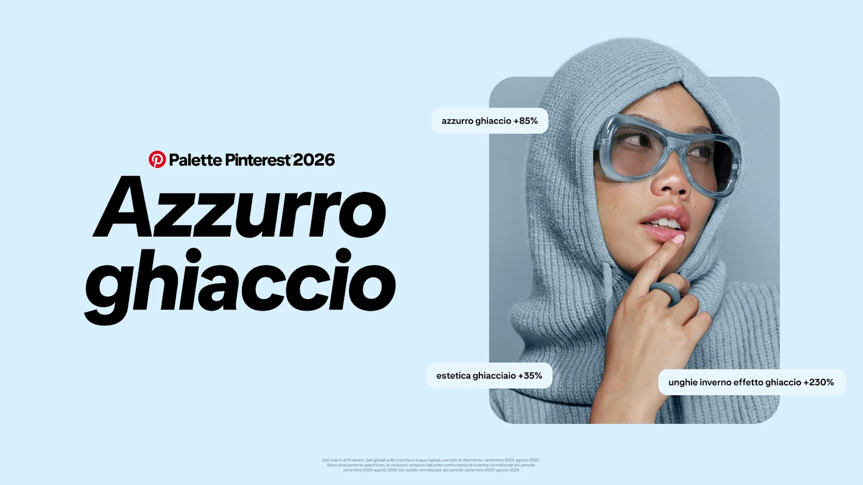 Uno sfondo azzurro ghiaccio pallido con un grande testo nero che recita 'Pinterest Palette 2026 Azzurro Ghiaccio.