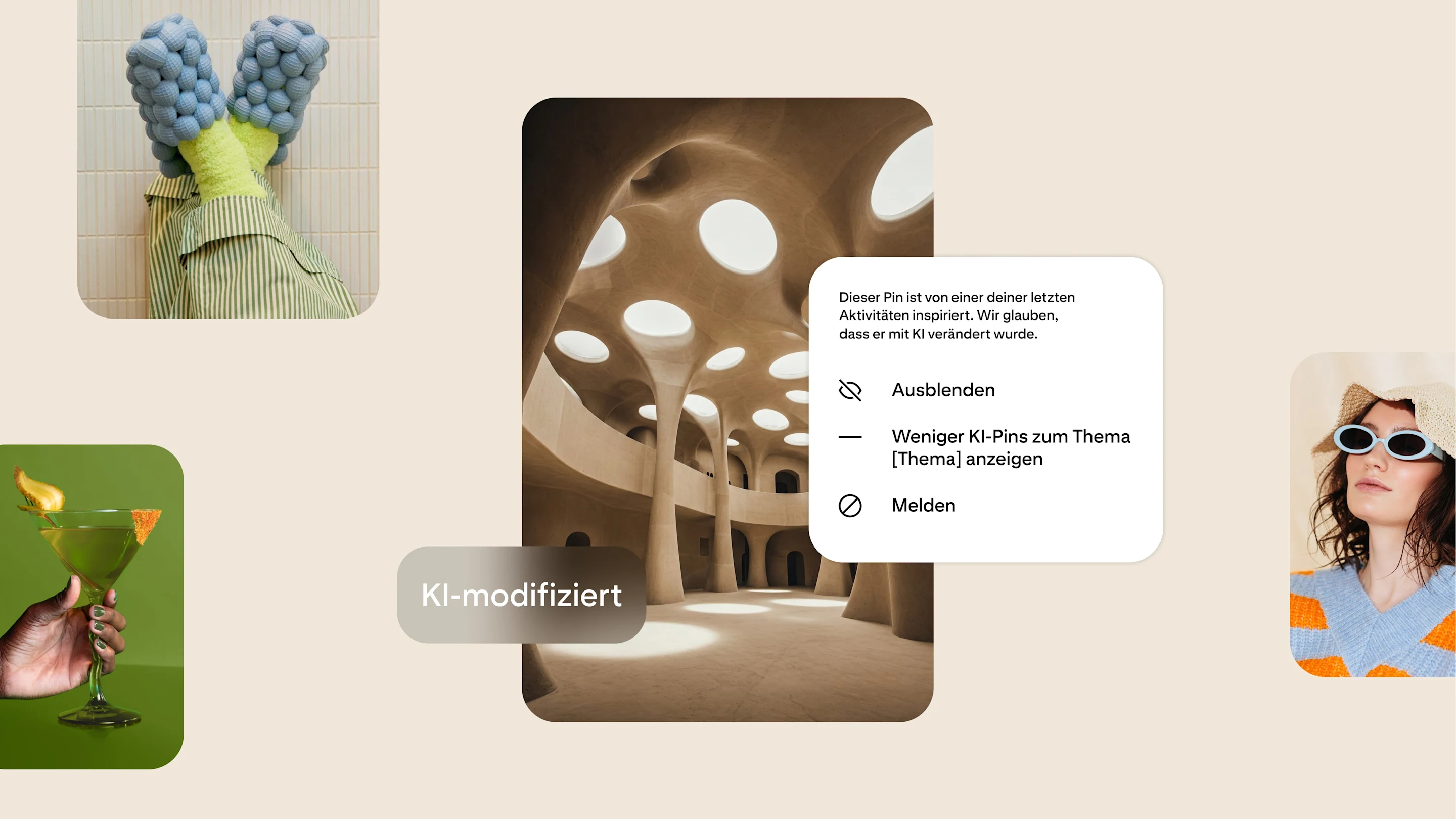 Ein Architekturbild zeigt eine Beschriftung und ein Popup-Fenster, das darauf hinweist, dass es möglicherweise mithilfe von KI geändert wurde. Nutzer können KI-bezogene Inhalte ausblenden oder weniger anzeigen.
