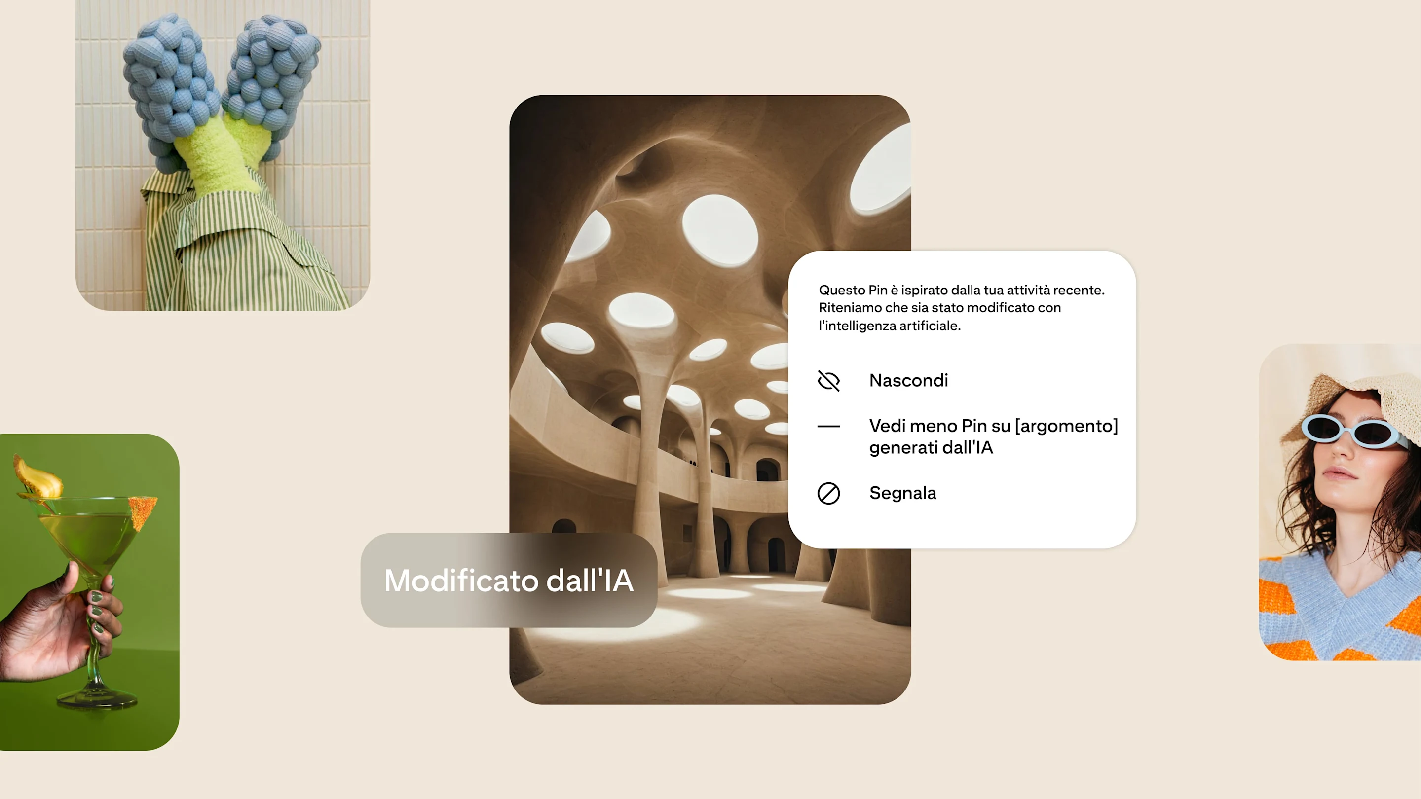 Un'immagine architettonica mostra un'etichetta e un pop-up che spiega che potrebbe essere stata modificata con l'intelligenza artificiale. Gli utenti possono nascondere o visualizzare meno contenuti relativi all'intelligenza artificiale.