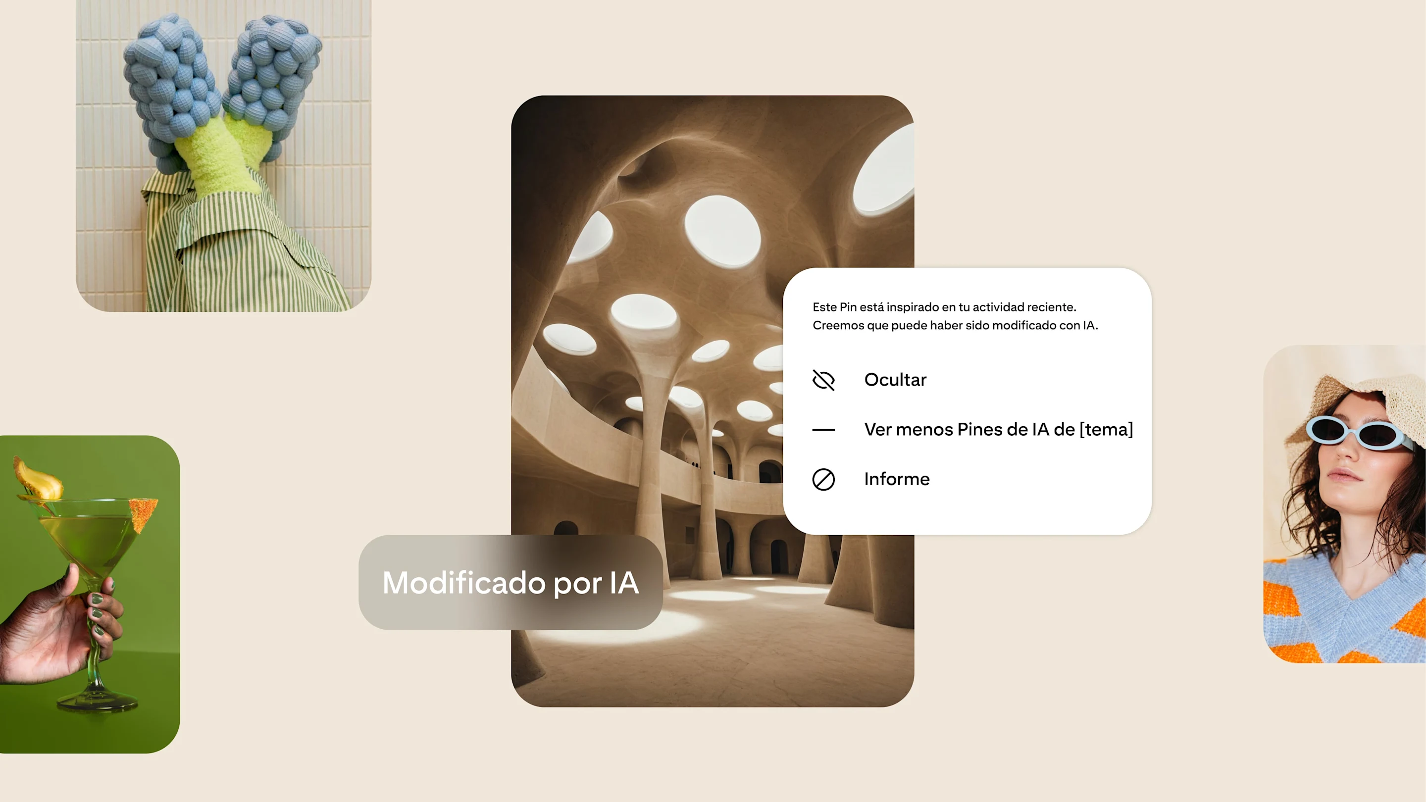 Una imagen de arquitectura de estilo futurista muestra una etiqueta y una ventana emergente que explica que podría haber sido modificada con IA. Los usuarios pueden ocultar o ver menos contenido relacionado con la IA.