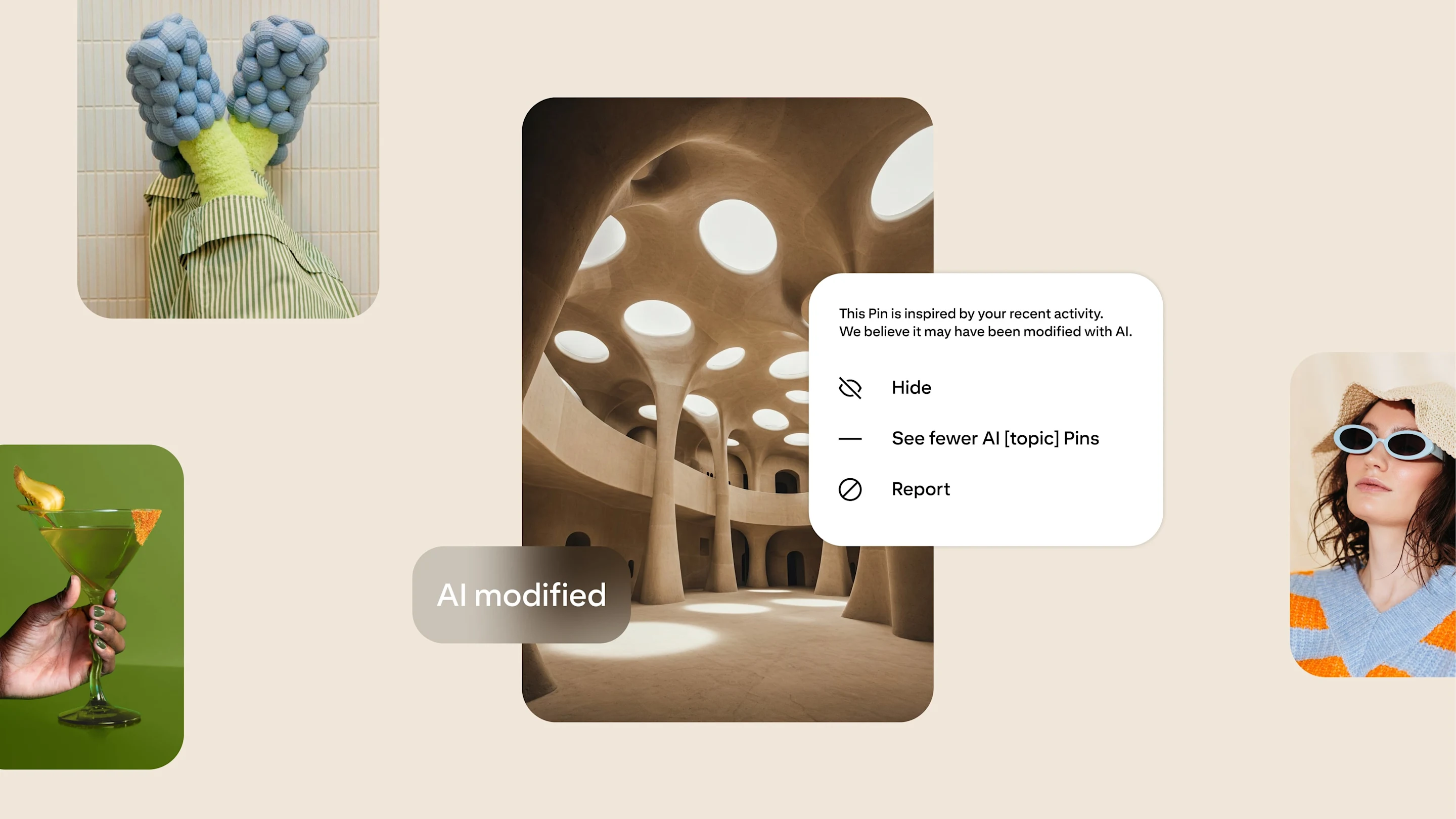 A futuristic-style architecture image shows a label and a pop-up that explain it may have been modified with AI. Users have the option to hide or see fewer AI-related content.