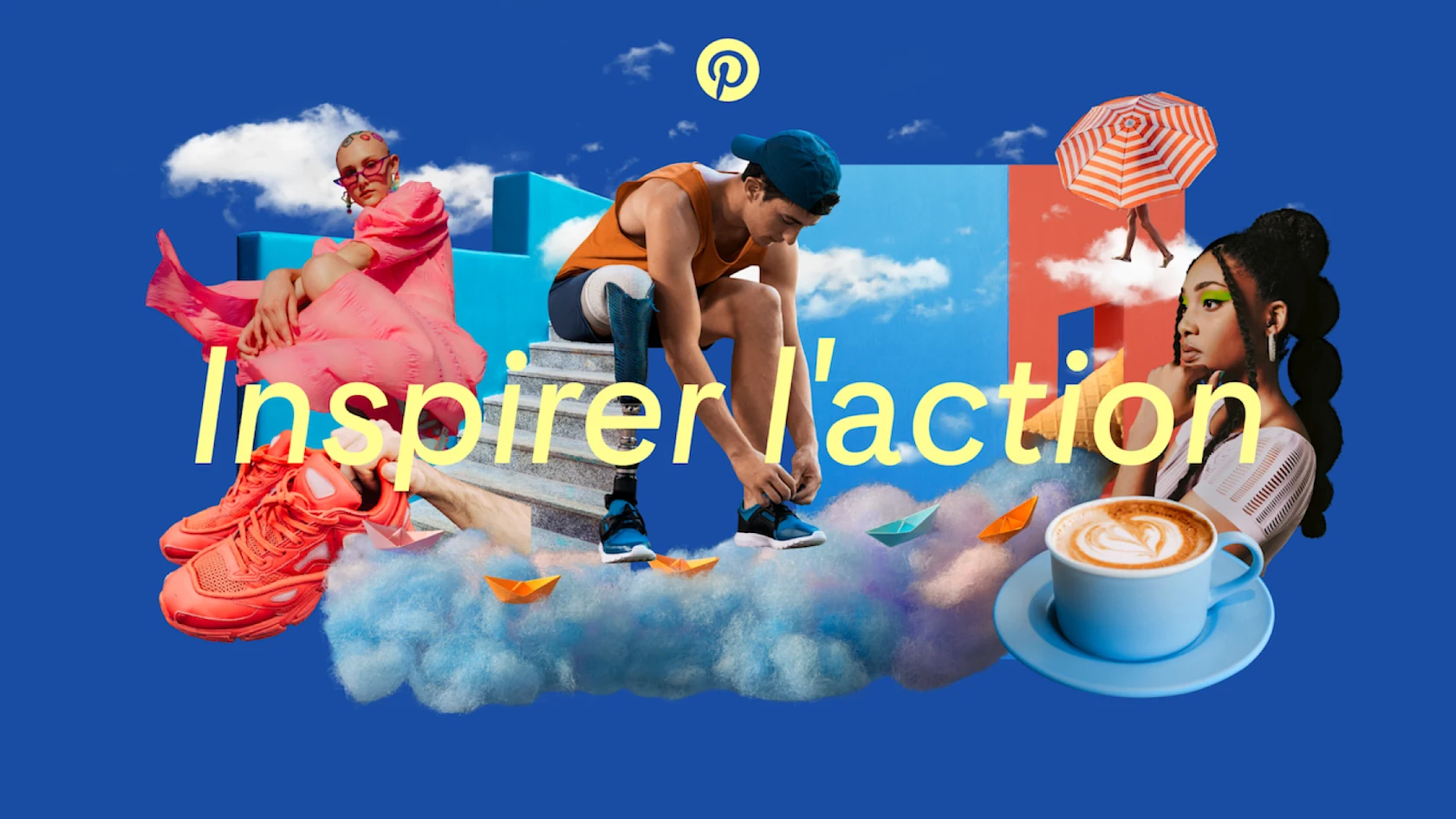 Mots « Inspirer l’action » superposés sur un collage d’images illustrant les tendances mode, beauté, cuisine et lifestyle inspirées de Pinterest