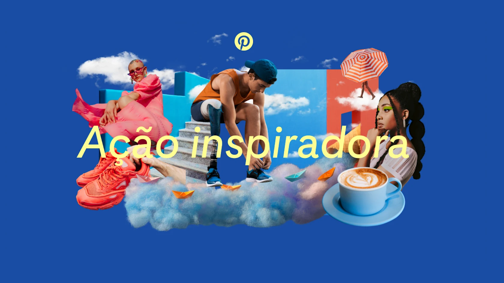 As palavras "Ação inspiradora" são exibidas sobre uma colagem de imagens relacionadas a moda, beleza, culinária e tendências de estilo de vida no Pinterest