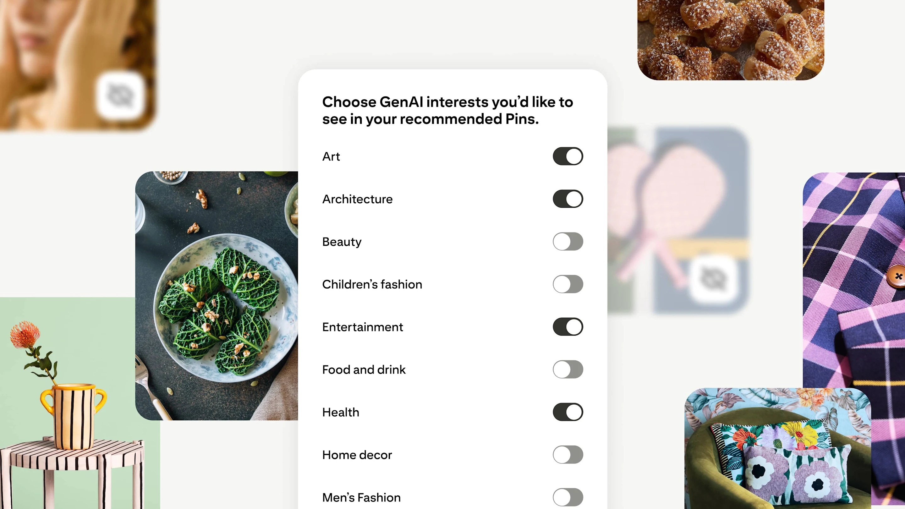 Header image showing a close-up of a smartphone screen shows a Pinterest user adjusting their GenAI content preferences. The screen displays a "Refine your recommendations" page with various categories such as "Art," "Beauty," and "Home Decor."