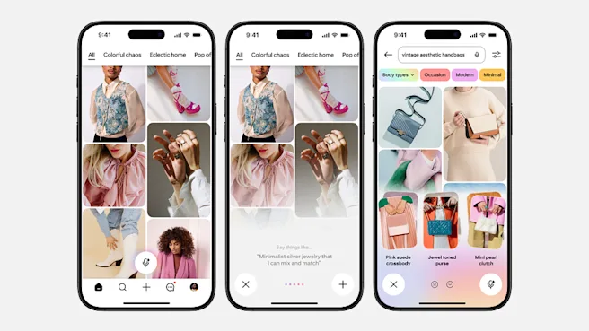 Three smartphone screens displaying the Pinterest app interface. One shows a Pinterest feed with fashion images and a microphone button suggesting voice input. The second highlights a text prompt for voice suggestions. The third shows search results.