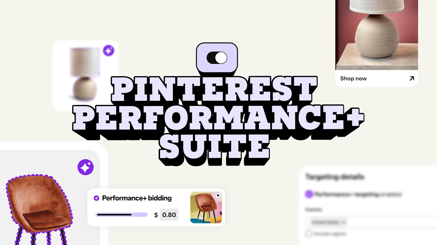 The words "Pinterest Performance+ Suite" are displayed in bold text over a collage of Pinterest Pins