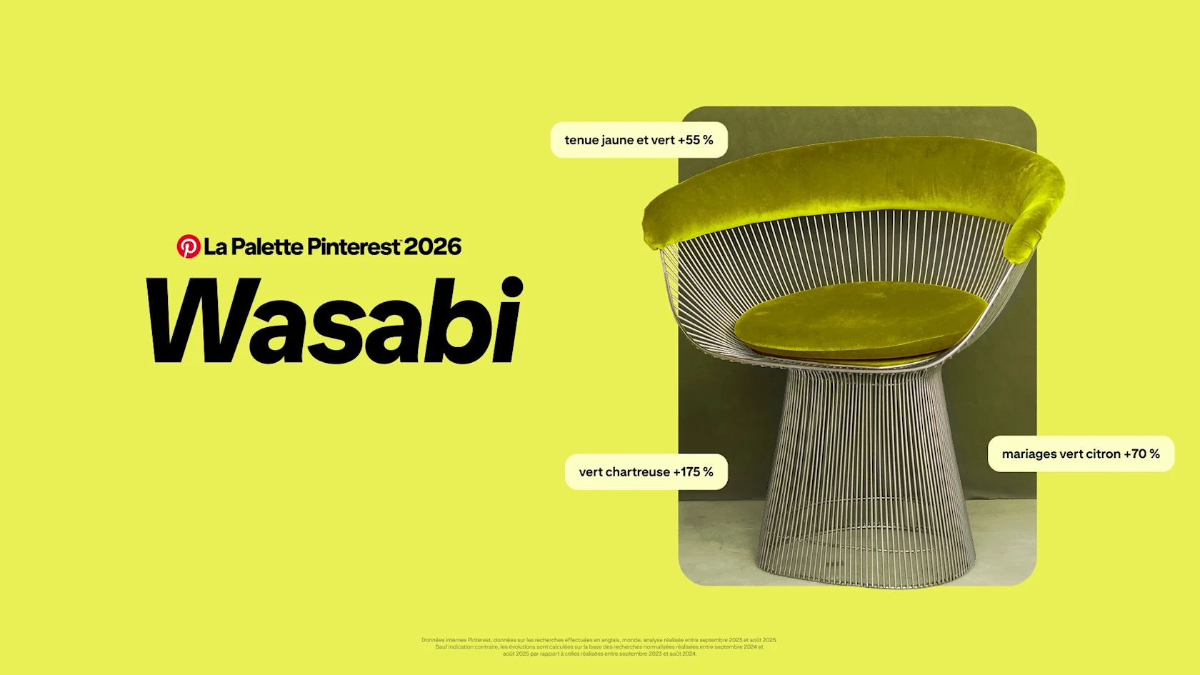 Un fond jaune-vert éclatant avec un grand texte noir indiquant « La Palette Pinterest 2026 Wasabi ». À droite, un fauteuil moderne, composé de fines tiges métalliques et d’un revêtement chartreuse moelleux sur l’assise et le dossier courbé.