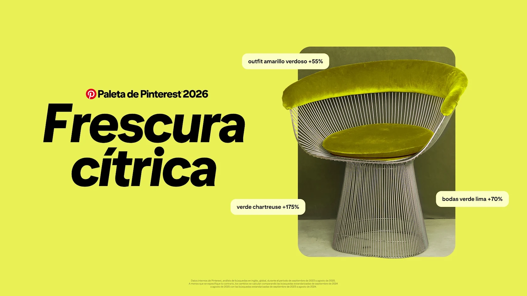 Un fondo frescura cítrica brillante con un gran texto negro que dice “Pinterest Palette 2026 Frescura cítrica”. A la derecha hay una silla moderna con varillas delgadas de metal y un tapizado celeste fresco en el asiento y respaldo curvado.