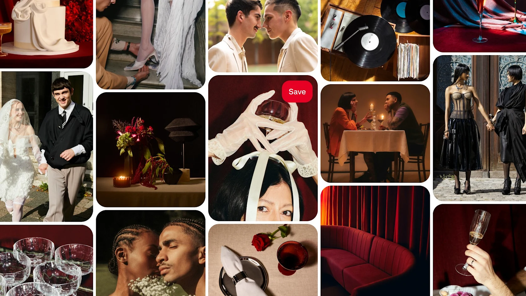 Pin grid of couples, bridal accessories, with a rooted romance colour palette and nostalgic tech elements