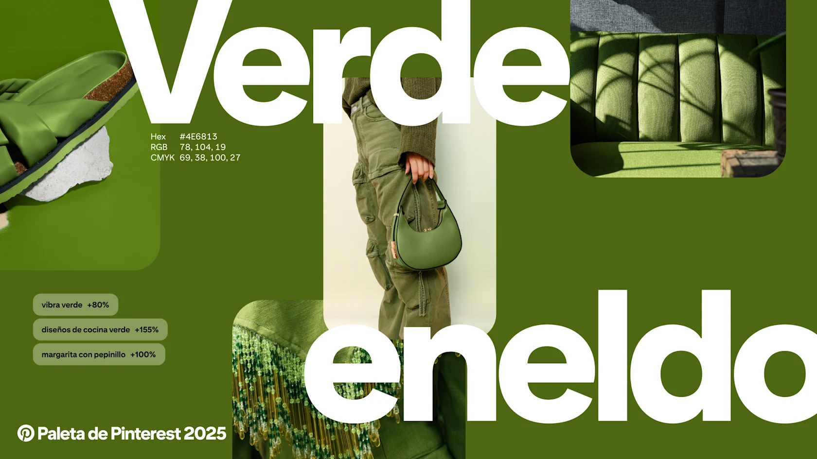 Las palabras “Verde eneldo” aparecen sobre imágenes y Pines de Pinterest verdes.