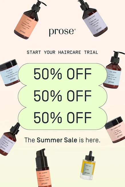 An ad for Prose haircare shows the products in a collage over a pastel background