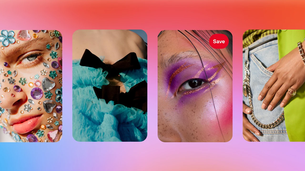 Coachella festival trends, such as bold makeup and face gems, are displayed over a colorful background