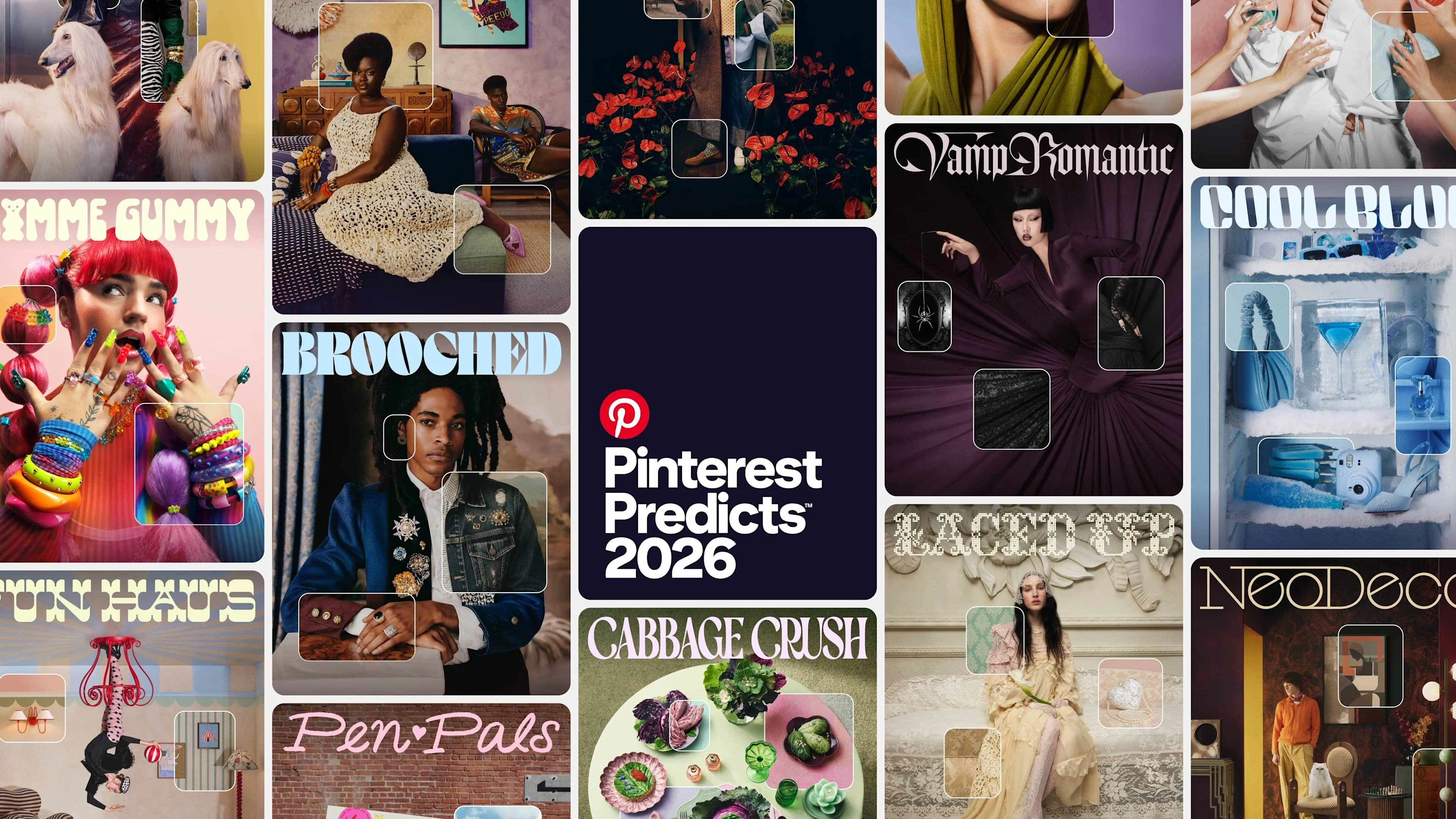 A grid of images representing the 2026 Pinterest Predicts trends, including Brooched, Vamp Romantic, Cabbage Crush and more