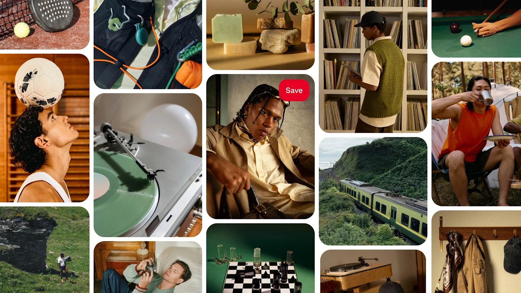 Collage of men’s interests: racket sports, football, pool, camping, music, grooming, fashion, chess, travel and outdoor hobbies.